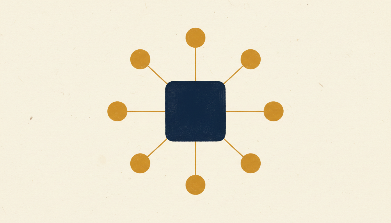 Иллюстрация — минималистичная организационная схема на кремовой бумаге: охровые круги, тонкие соединительные линии, синий квадрат корпоративного канала в центре