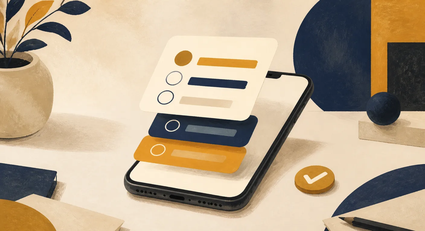 Painterly-иллюстрация смартфона и карточек вариантов опроса в кремовой, охровой и тёмно-синей палитре