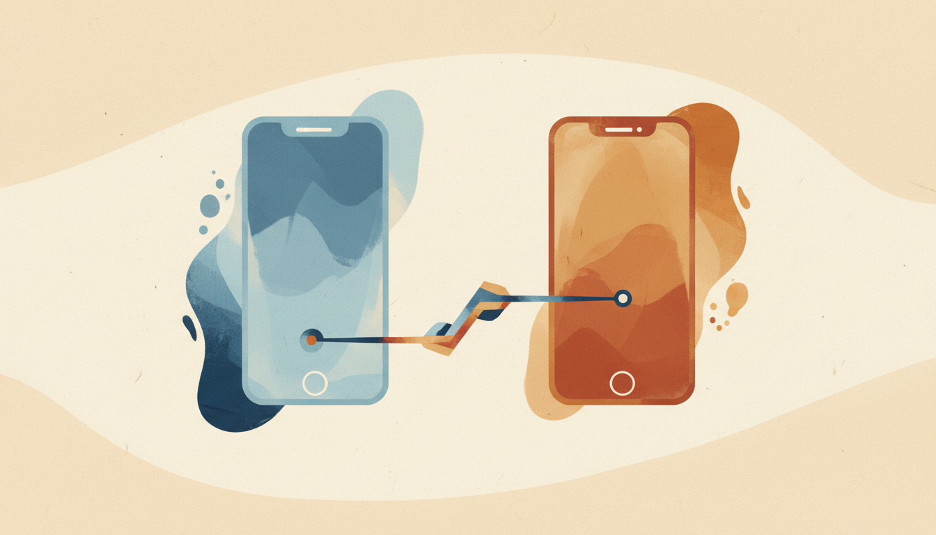Иллюстрация сравнения двух мессенджеров: смартфон в синих тонах с Telegram и смартфон в охровых тонах с Максом, соединённые линией