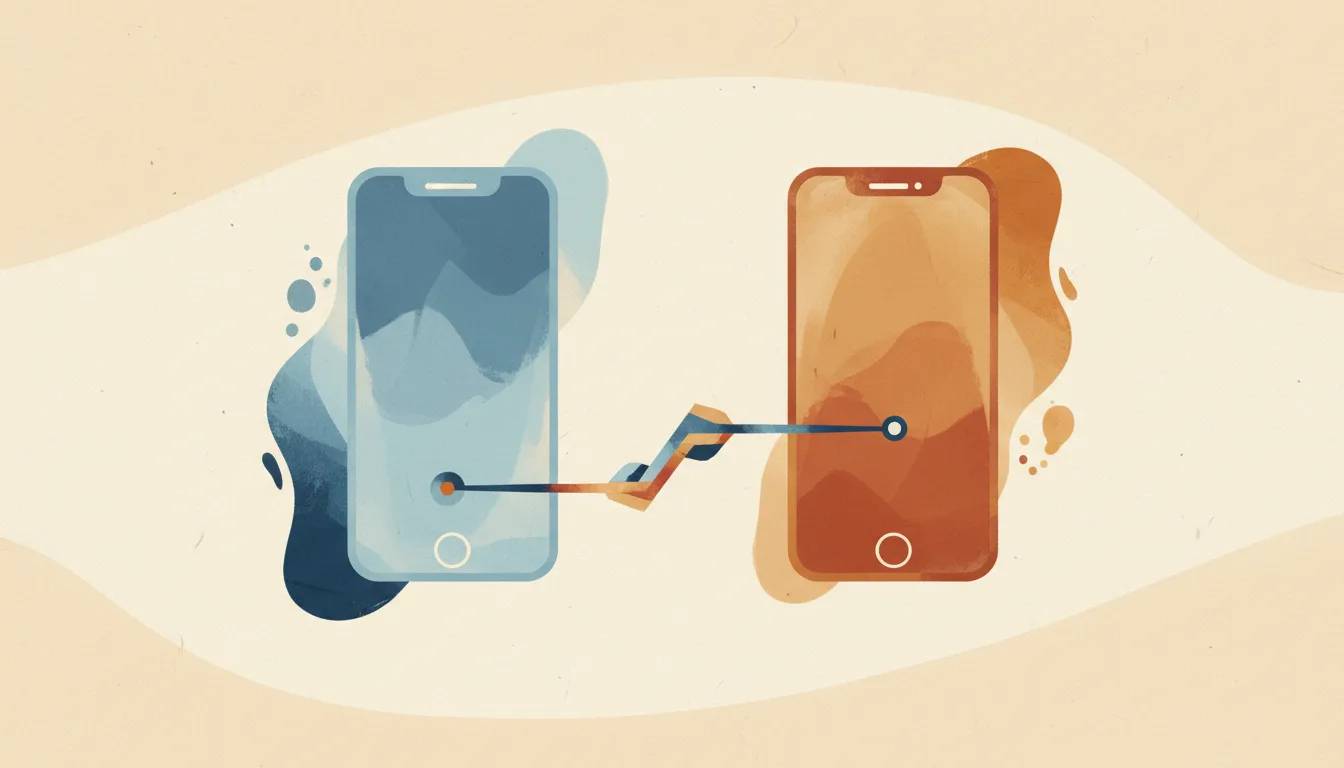 Иллюстрация сравнения двух мессенджеров: смартфон в синих тонах с Telegram и смартфон в охровых тонах с Максом, соединённые линией